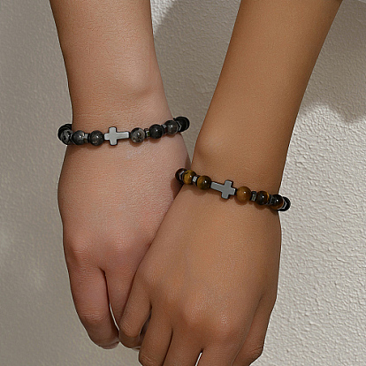 2Pcs 2 Style Natural Mixed Beaded Stretch Bracelets Set, Synthetic Hematite Cross Couple Bracelets