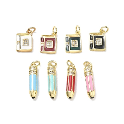 Brass with Crystal Rhinestone & Enamel Pendants, Book/Pencil Charms, Mixed Color