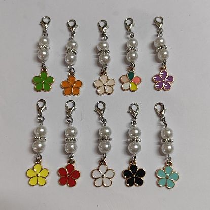 Marqueurs de points ronds et pendentifs fleuris, Acrylique imité perle et alliage émail crochet mousqueton charmes, marqueur de point de verrouillage avec anneau de charme de verre de vin