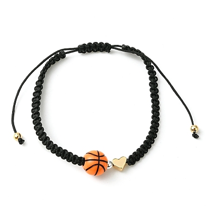Sport Theme Acylic & Brass Heart Braided Bead Bracelet, Nylon Thread Adjustable Bracelet