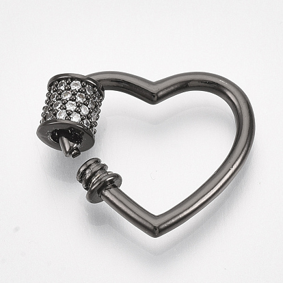 Brass Micro Pave Cubic Zirconia Screw Carabiner Lock Charms, for Necklaces Making, Heart, Clear