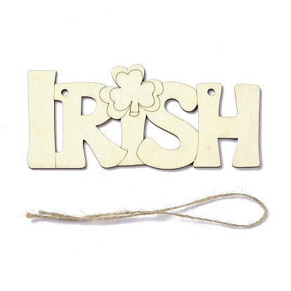 DIY Word Irish Unfinished Wooden Ornaments Blank Wooden Embellishments, with Hemp Rope, for Saint Patrick's Day Party Decorations