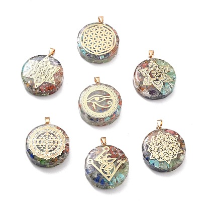 Transparent Resin Pendants, with Chip Gemstone Beads and Alloy Findings, Flat Round