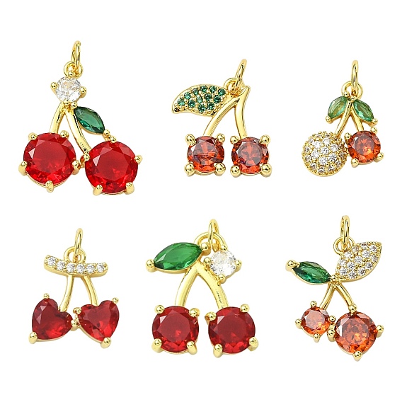 6 шт 6 стили латунные подвески из микропаве с фианитом, черри прелести, с целью перехода в кольце, стойки покрытие, долговечный, без кадмия и без свинца