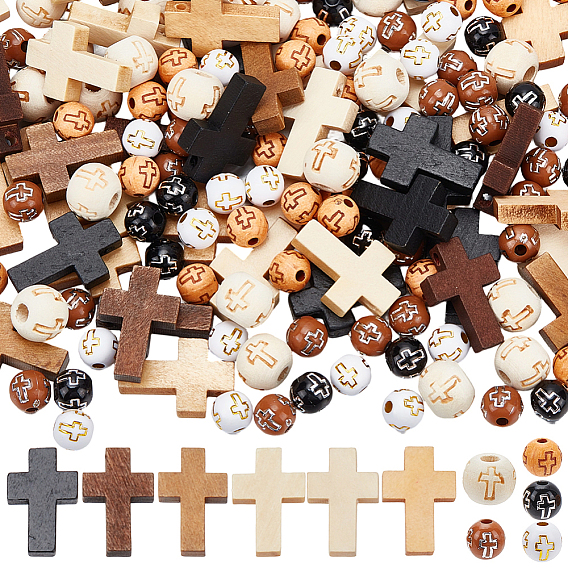 DIY Jewelry Making Findings Kits, Including Wood Pendants & Beads, Imitation Wood Acrylic Beads, Cross & Round
