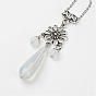 Gemstone Jewelry Sets, Pendant Necklaces & Hoop Earrings, with Brass Findings, Flower & Teardrop
