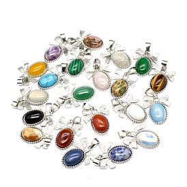 Natural & Synthetic Gemstone Pendants, Oval Charms with Platinum Plated Brass Bowknot