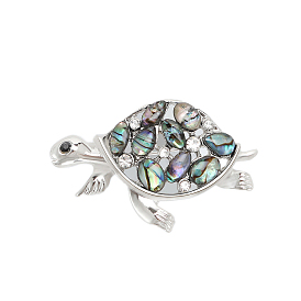 Turtle Abalone Shell/Paua Shell Brooch Pins, Alloy Rhinestone Lapel Pins