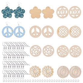 SUNNYCLUE DIY Hollow Dangle Earring Making Kits, with Undyed Laser Cut Wood Pendants and Brass Earring Hooks, Mixed Shape