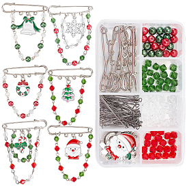 SUNNYCLUE DIY Christmas Charm Brooch Making Kit, Including Glass Beads, Christmas Wreath & Santa Claus & Bell & Candy Alloy Enamel Pendants, Iron Brooch Findings