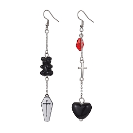 Acrylic Heart & Bear Asymmetrical Earrings, Alloy Cross Dangle Earrings with 304 Stainless Steel Earring Pins
