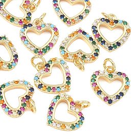 SHEGRACE Valentine's Day Brass Colorful Cubic Zirconia Charms, Hollow Heart Charms, Cadmium Free & Lead Free & Nickel Free