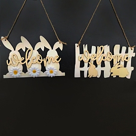 Wood Easter Bunny Welcome Pendant Decoration, with Hemp Rope, Easter Theme Pattern