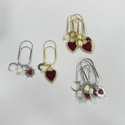 8pcs 2 styles trombones en fer, avec des pendantifs en alliage d'émail, cœur