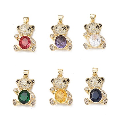 Brass Micro Pave Cubic Zirconia Pendants, Cadmium Free & Lead Free, Real 16K Gold Plated, Bear Charms
