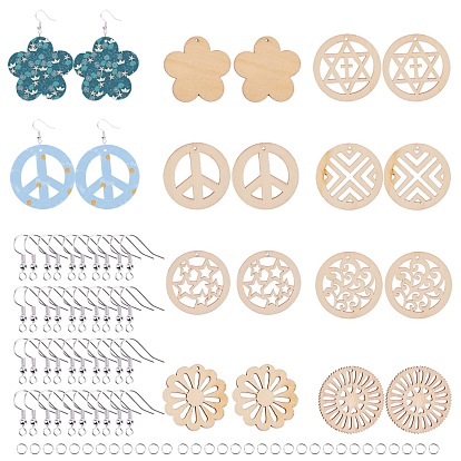 DIY Hollow Dangle Earring Making Kits, with Undyed Laser Cut Wood Pendants and Brass Earring Hooks, Mixed Shape