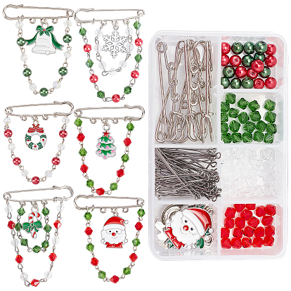 Kit para hacer broches navideños con dijes, incluyendo perlas de vidrio, Colgantes de esmalte de aleación de corona de Navidad y Papá Noel y campana y caramelo, fornituras de broche de hierro