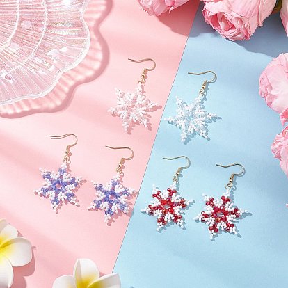 304 Stainless Steel Glass Seed Beads Snowflake Dangle Earrings, Golden