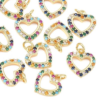 SHEGRACE Valentine's Day Brass Colorful Cubic Zirconia Charms, Hollow Heart Charms, Cadmium Free & Lead Free & Nickel Free