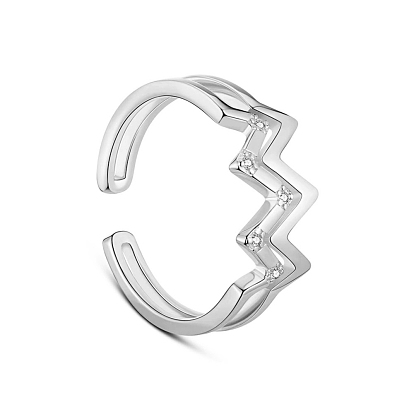 TINYSAND 925 Sterling Silver Cuff Rings, Open Rings, with Hearts and Arrows Cubic Zirconia, Heart Beat