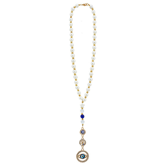 Подвесные украшения из акрила и сплава с имитацией жемчуга, с натуральной белой ракушкой и кошачьим глазом, для автомобильных подвесных украшений, плоские круглые с глаз