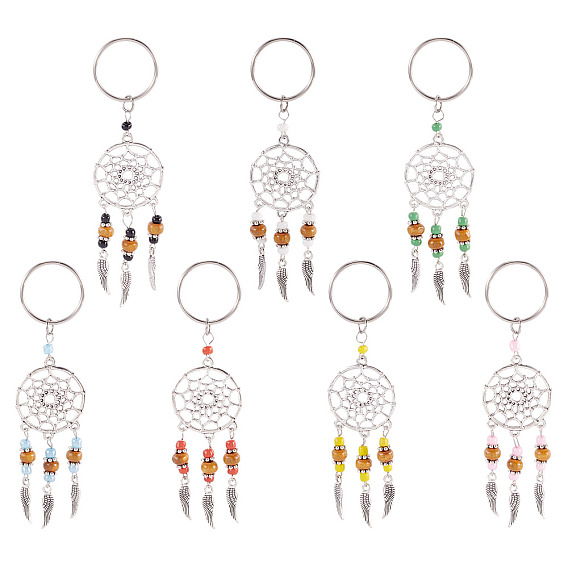 14шт 7 цвета сплава и стекла брелок для ключей, с 304 кольцами из нержавеющей стали