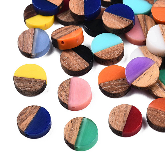 Opaque Resin & Walnut Wood Beads, Flat Round