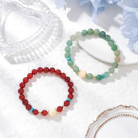 Natural Carnelian and Natural Green Aventurine Stretch Bracelets