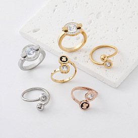 303 Stainless Steel Micro Pave Cubic Zirconia Finger Rings for Women, Round, with Rhinestone