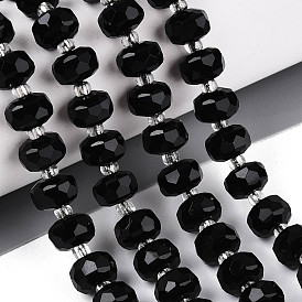 Натуральные бусины из черного оникса (окрашенные и нагретые), с бисером, граненые, рондель