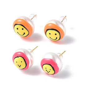 Natural Shell Smiling Face Stud Earrings with Enamel, Real 18K Gold Plated Brass Jewelry for Women