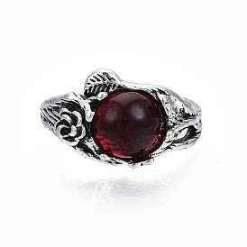 Fleur de vie avec perles demi-rondes manchette ouverte, bague épaisse en alliage pour femme, sans cadmium et sans plomb, argent antique