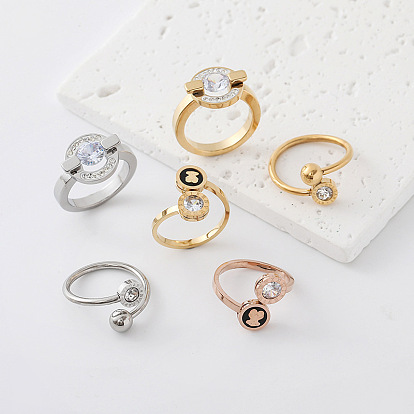303 Stainless Steel Micro Pave Cubic Zirconia Finger Rings for Women, Round, with Rhinestone