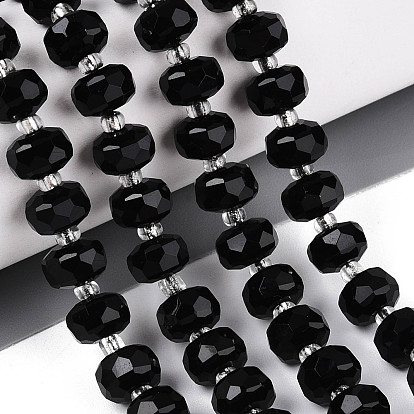 Натуральные бусины из черного оникса (окрашенные и нагретые), с бисером, граненые, рондель