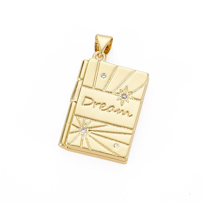 Brass Micro Pave Clear Cubic Zirconia Diffuser Locket Pendants Nickel Free, Book with Word Dream