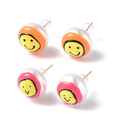 Natural Shell Smiling Face Stud Earrings with Enamel, Real 18K Gold Plated Brass Jewelry for Women