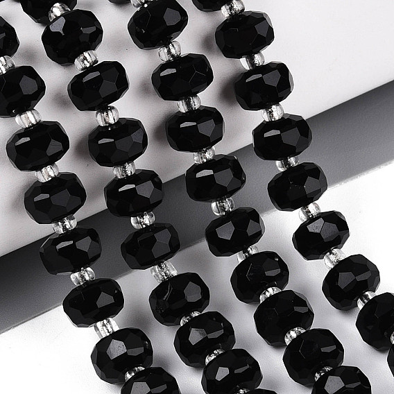 Натуральные бусины из черного оникса (окрашенные и нагретые), с бисером, граненые, рондель