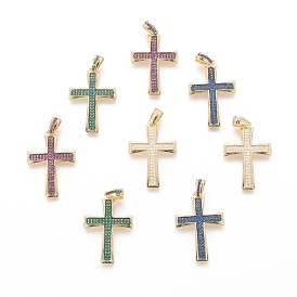 Brass Micro Pave Cubic Zirconia Pendants, Long-Lasting Plated, Real 18K Gold Plated, Cross