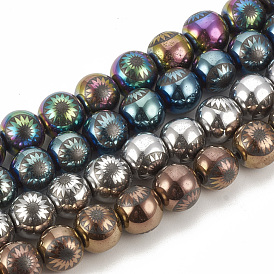 Electroplate Non-magnetic Synthetic Hematite Beads Strands, Round with Flower
