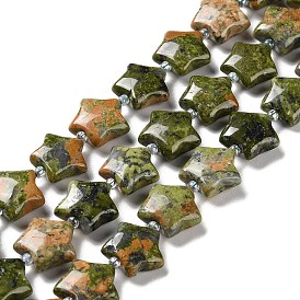 Natural Unakite Beads Strands, with Seed Beads, Puffed Star