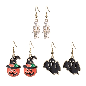 3Pairs 3 Styles Halloween Alloy Enamel Dangle Earrings, 304 Stainless Steel Earrings for Women