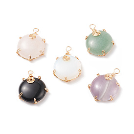 Natural & Synthetic Gemstone Pendants, Twisted with Golden Tone Copper Wire, Flat Round