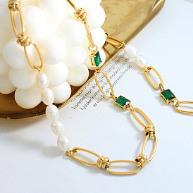 Green Zircon Freshwater Pearl Thick Chain Set Necklace He Necklace Bracelet Two-piece Set Jewelry Accessories Gift
