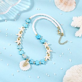 Summer Beach Carved Natural Freshwater Shell and Alloy Shrimp Pendant Starfish Dyed Synthetic Turquoise & Glass Beaded Necklaces for Women, Golden
