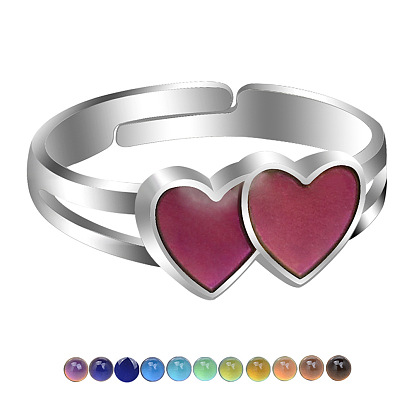 Enamel Double Heart Mood Ring, Temperature Change Color Emotion Feeling Alloy Adjustable Ring for Women