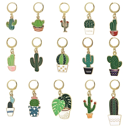 15Piezas de decoraciones colgantes de esmalte de aleación de cactus, con 304 hallazgos de pendientes de palanca de acero inoxidable