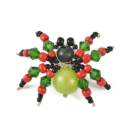 Halloween Natural Flower Jade & Larvikite & Glass Seed Beaded Spider Ornaments, Home Party Decoration Supplies