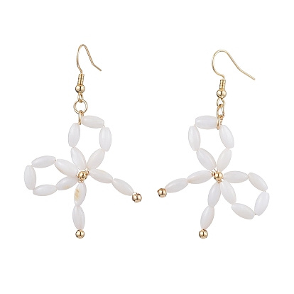 Dyed Natural Shell Beaded Bowknot Dangle Earrings, Brass Jewelry for Women, Real 18K Gold Plated