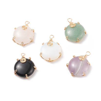 Natural & Synthetic Gemstone Pendants, Twisted with Golden Tone Copper Wire, Flat Round