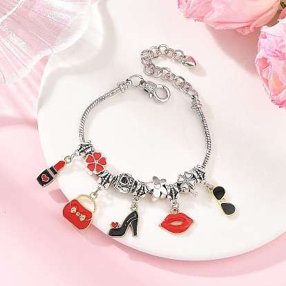 Makeup Theme Alloy Enamel Lipstick Handbag Shoe Charm Brass European Bracelets for Women, Antique Silver & Golden